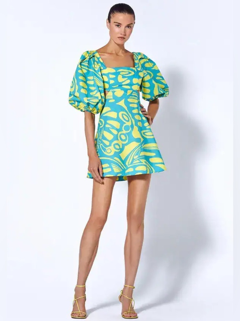 Alexis Bodhi Puff Sleeve Mini Dress Blue Yellow